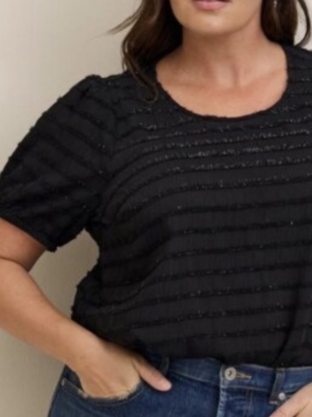 Torrid Abbey Lurex Chiffon Puff Sleeve Black Textured Stripe Short Sleeve Top 2X